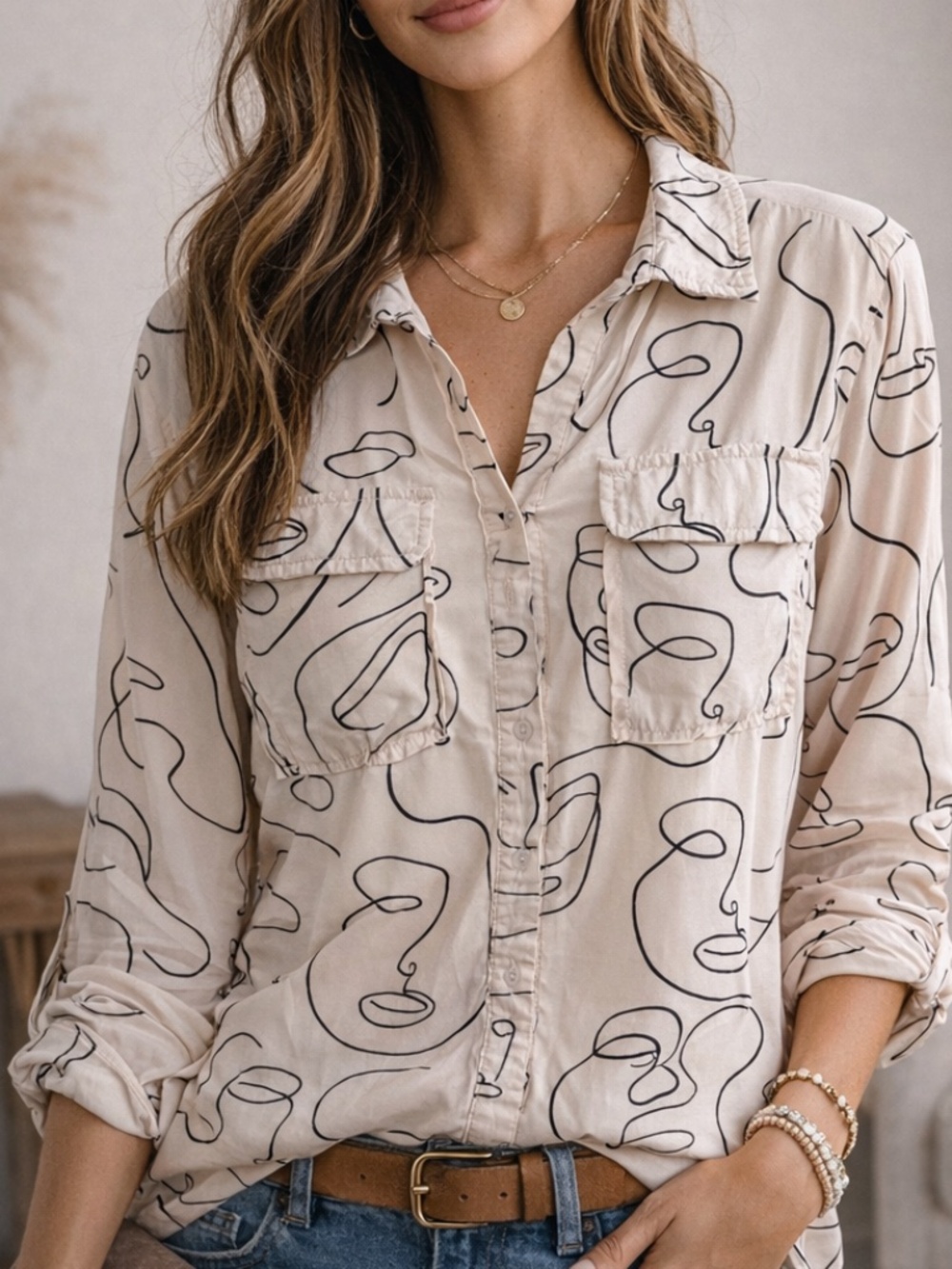 Milk & Honey Abstract Face Print Button-Up Shirt | Size 1X 🍯
